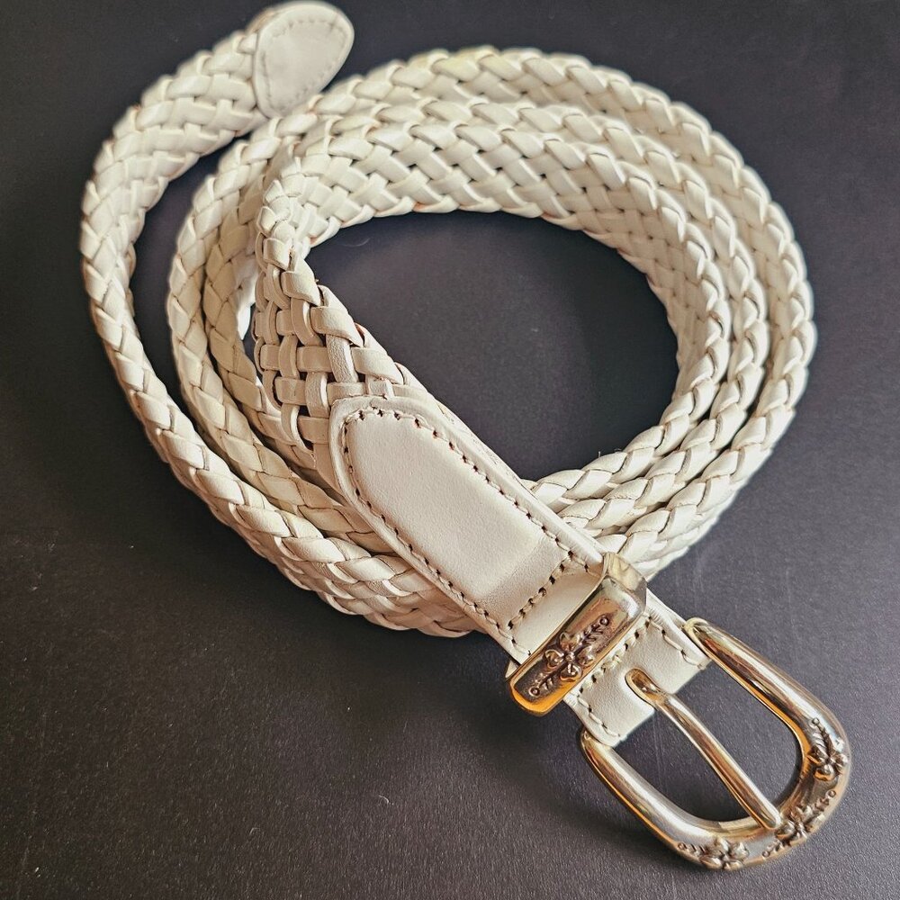 VTG Women's White Leather Braided Woven Belt With Floral Embossed Silver Buckle